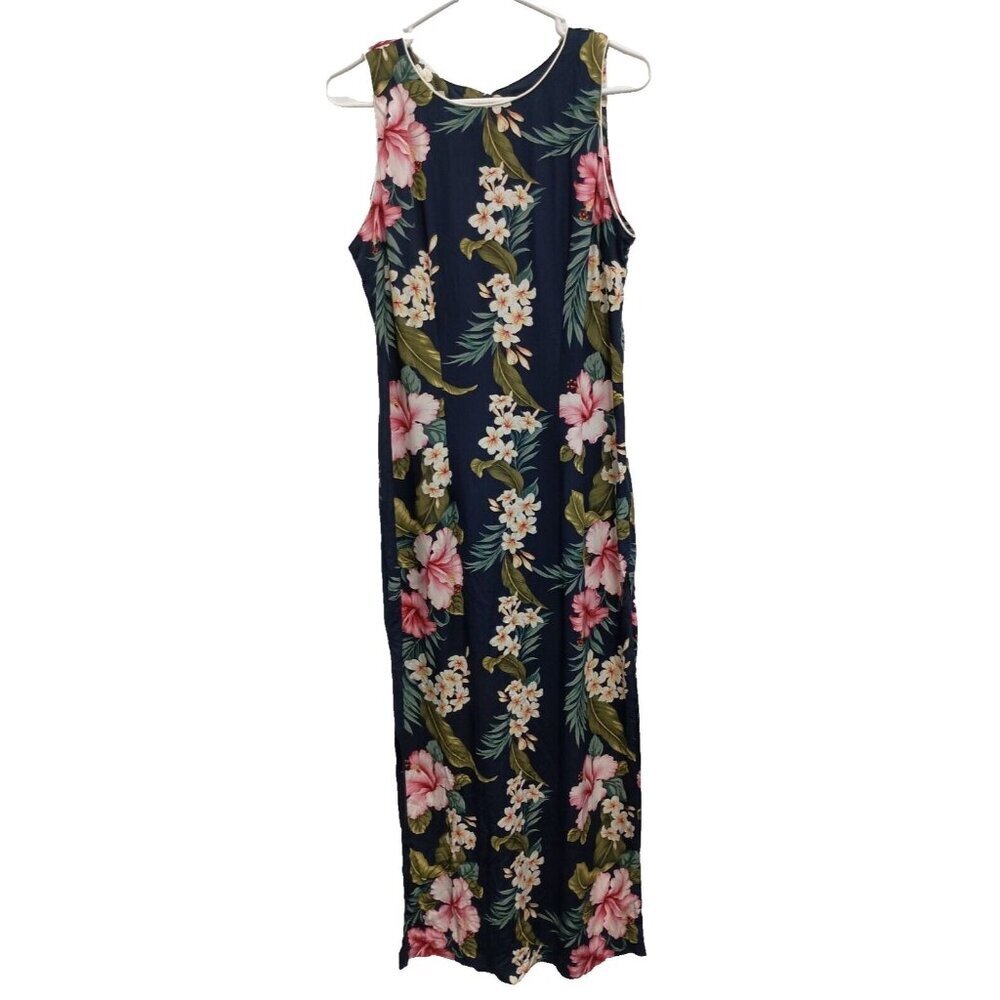 VTG 90s Iolani Womens Hawaiian Maxi Dress Medium Blue Hibiscus‎ Floral Tropical